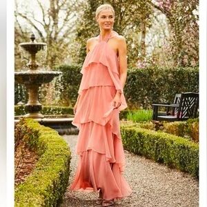 Antonio Melani Mariella Crinkled Chiffon Halter Neck Sleeveless Maxi Dress Pink